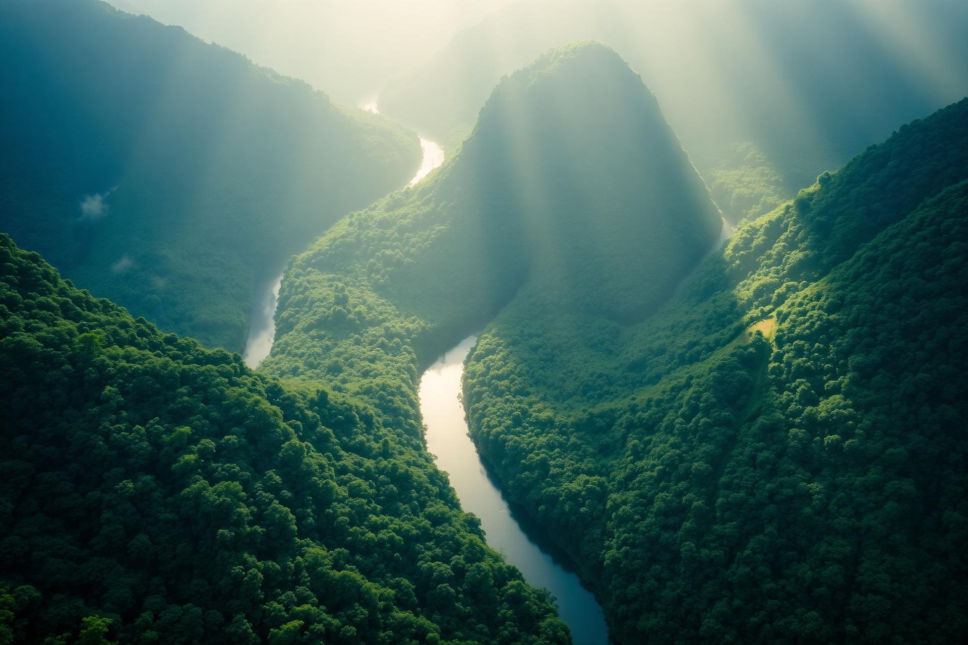 Floresta com rio ao amanhecer